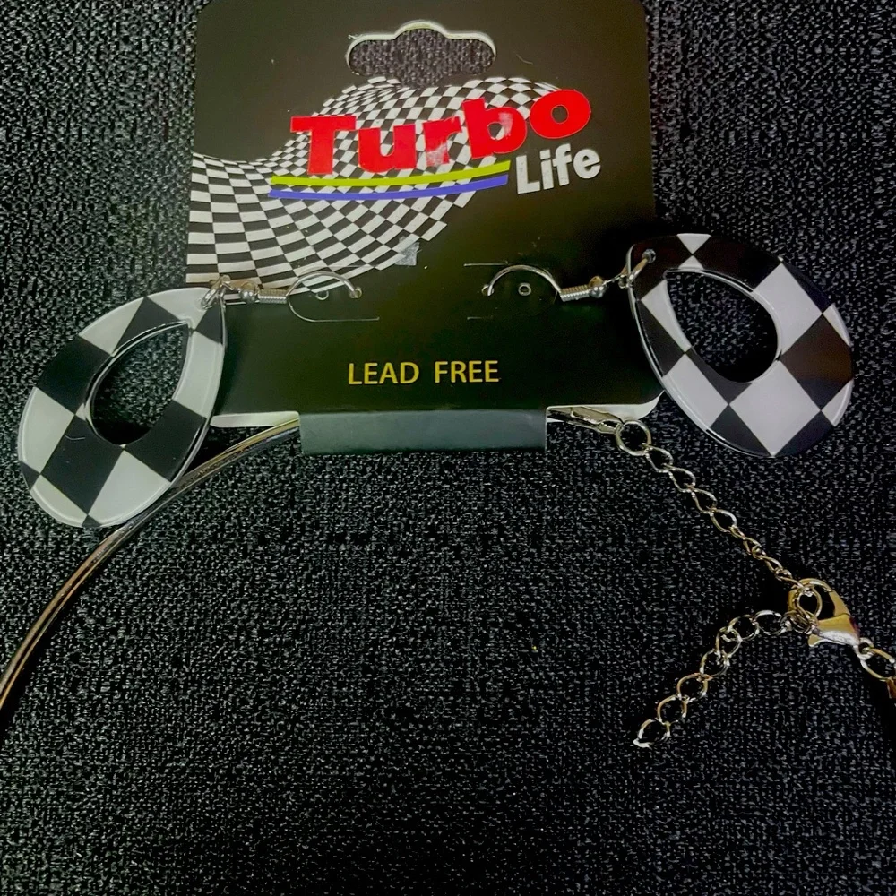 Turbo Life Cuff Choker Earring Set B&W Checkered Lg Teardrop Acrylic Silver NWT